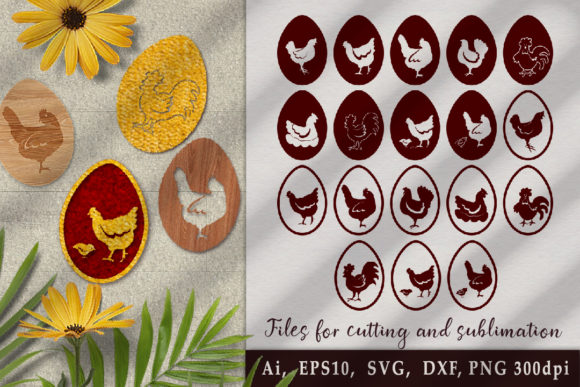 Set of Egg Stencils with Silhouettes of Chickens
